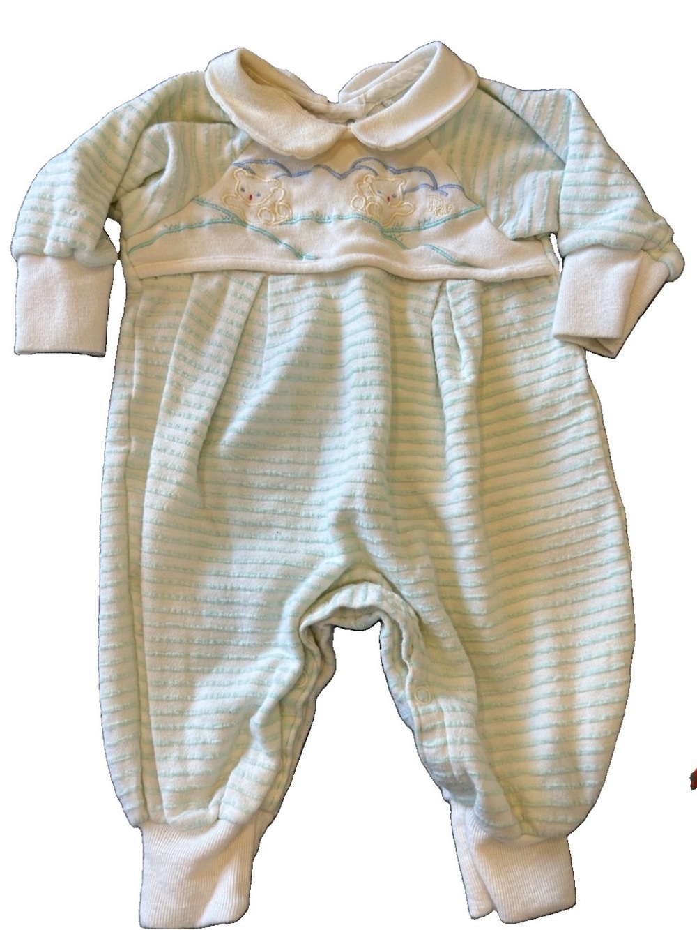 Vintage Baby Dior Mint Striped Teddy Bear Romper 3M